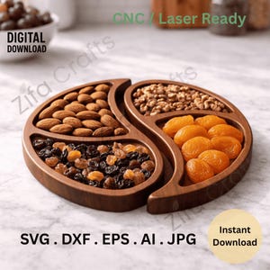 Modèle CNC de plateau de collation Yin Yang Puzzle | Plateau à charcuterie en bois SVG DXF | Fichier de routeur de plateau de service de fruits secs | Conception de plateau à collation découpé au laser
