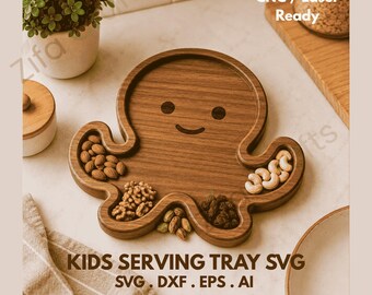 Kids Serving Tray SVG | Octopus Snack Tray CNC File | Wooden Baby Feeding Plate Template | Laser Cut Animal Tray DXF