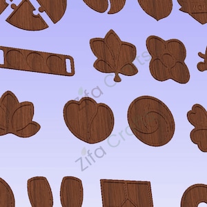 May include: A collection of dark brown wooden shapes with a visible wood grain texture, including various floral, leaf, and geometric forms, arranged on a light purple background with the faint text Zifa Crafts visible in the center.