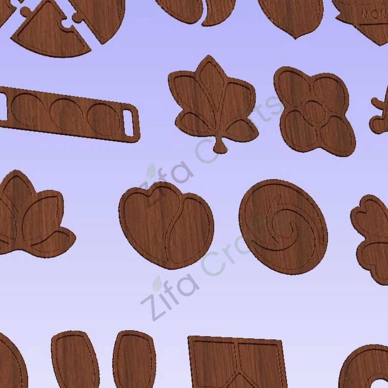 May include: A collection of dark brown wooden shapes with a visible wood grain texture, including various floral, leaf, and geometric forms, arranged on a light purple background with the faint text Zifa Crafts visible in the center.