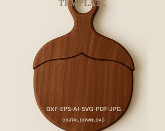 Könnte beinhalten: Eine dunkelbraune, eichelförmige Holzschneidebrettvorlage mit Griff. Der Text "ACORN CUTTING BOARD TEMPLATE" und "DXF-EPS-AI-SVG-PDF-JPG DIGITAL DOWNLOAD" ist sichtbar. Digitaler Download.