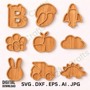 May include: Nine wooden cutouts in various shapes, including a letter B, a cloud, a rocket, a flower, an apple, a bunny, a dump truck, a dinosaur, and a bean. The cutouts are light brown and have a smooth finish. The words "DIGITAL DOWNLOAD" and "SVG . DXF . EPS . AI . JPG" are at the bottom.