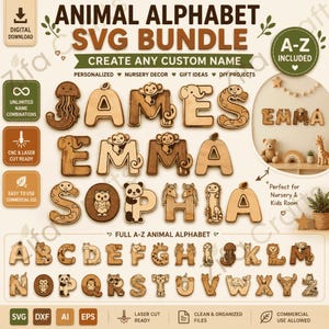 Könnte beinhalten: Ein SVG-Bundle mit einem Tieralphabet mit Buchstaben, die mit Tiermotiven gestaltet wurden. Die Buchstaben buchstabieren Namen wie JAMES, EMMA und SOPHIA. Das Design eignet sich für Kinderzimmerdekoration und DIY-Projekte.