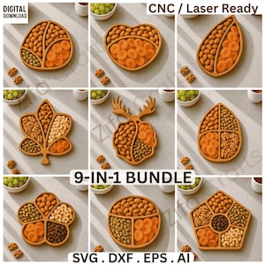 Könnte beinhalten: Ein 9-in-1-Bundle aus Holzserviertabletts in verschiedenen Formen, darunter ein Herz und ein Blatt. Jedes Tablett ist in Abschnitte unterteilt und mit Nüssen und getrockneten Aprikosen gefüllt. Der Text "DIGITALER DOWNLOAD" und "CNC / Laserfertig" ist enthalten.