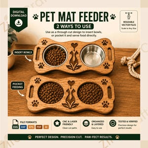 May include: A digital download file for a wooden pet mat feeder with two ways to use: insert bowls or pocket feeding. The design features paw prints, a heart, and cat silhouettes. Includes SVG, DXF, EPS, PDF, and AI file formats for CNC and laser cutting.
