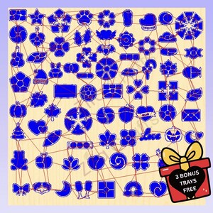 May include: A light-colored wooden board featuring a grid of numerous blue laser-cut shapes, including stars, hearts, animals, and seasonal icons. A red gift box graphic in the corner displays the text 3 BONUS TRAYS FREE in white lettering.