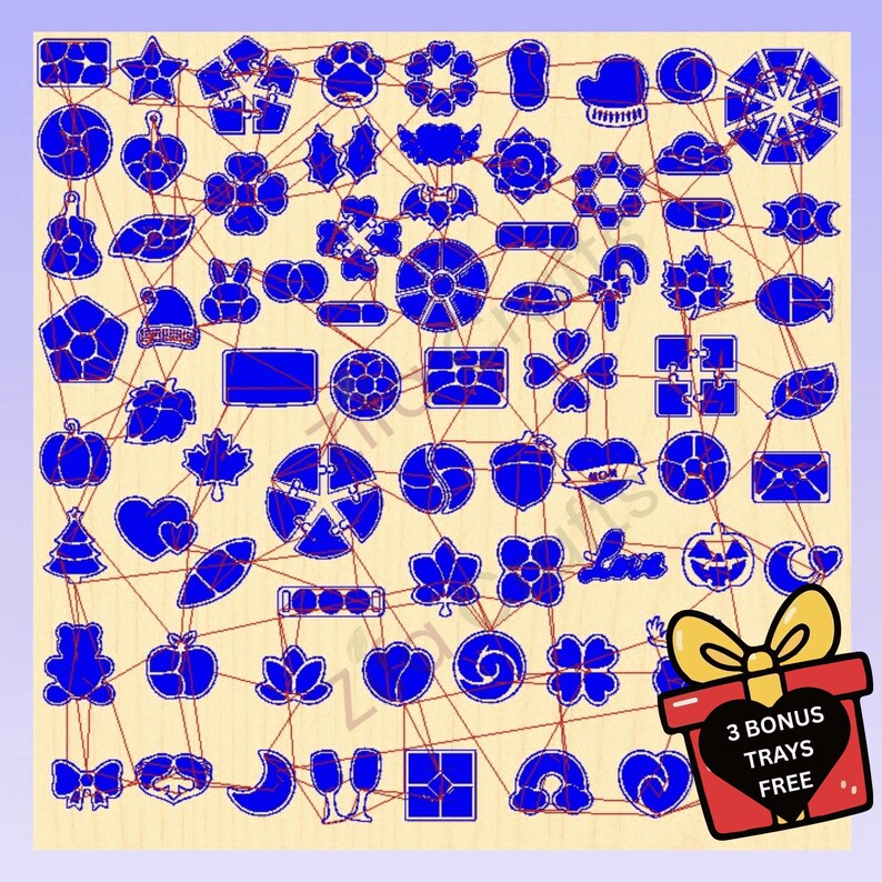 May include: A light-colored wooden board featuring a grid of numerous blue laser-cut shapes, including stars, hearts, animals, and seasonal icons. A red gift box graphic in the corner displays the text 3 BONUS TRAYS FREE in white lettering.