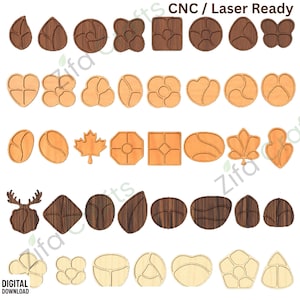 Puede incluir: Una colección de archivos vectoriales digitales para corte CNC y láser, que presenta varias formas geométricas, florales y orgánicas con divisores internos. Los diseños se muestran en filas con variaciones de color de madera oscura, clara y contornos.