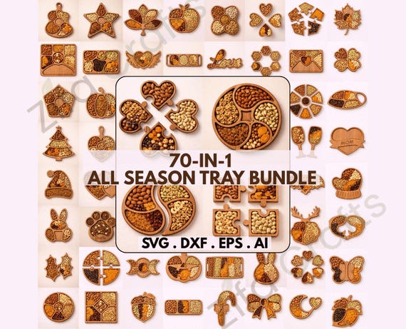 70 Snack Plate Bowl Tray Template Bundle CNC Router Laser Cut Svg Dxf AI Eps Pdf Files Wooden Serving Board Download
