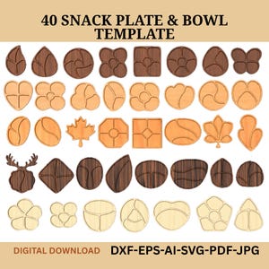 Könnte beinhalten: Eine digitale Vorlage mit 40 Snackteller- und Schüsseldesigns in verschiedenen Formen, darunter Blätter, Blumen und geometrische Formen. Die Designs sind in hellen und dunklen Holztönen gehalten. Das Bild enthält den Text "40 SNACK PLATE & BOWL TEMPLATE" und "DIGITAL DOWNLOAD DXF-EPS-AI-SVG-PDF-JPG".