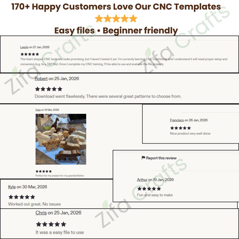 May include: A digital graphic displaying customer reviews for CNC templates. The text reads 170+ Happy Customers Love Our CNC Templates, Easy files, Beginner friendly, and includes five-star ratings and written feedback from various users.