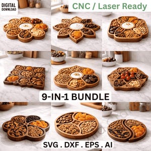 Paquete de 9 bandejas para aperitivos en 1, plantillas CNC, tablas de servir de madera, archivos SVG y DXF para fresadora láser, colección de bandejas para charcutería (descarga digital).