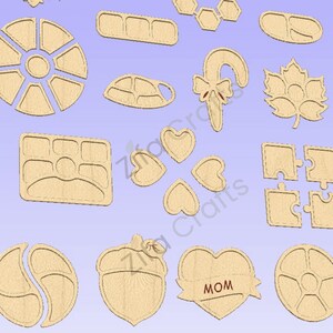 May include: A collection of light-colored wooden craft cutouts featuring various shapes including a circular segmented tray, a candy cane with a bow, a maple leaf, puzzle pieces, hearts, an acorn, and a heart-shaped plaque with the word MOM.