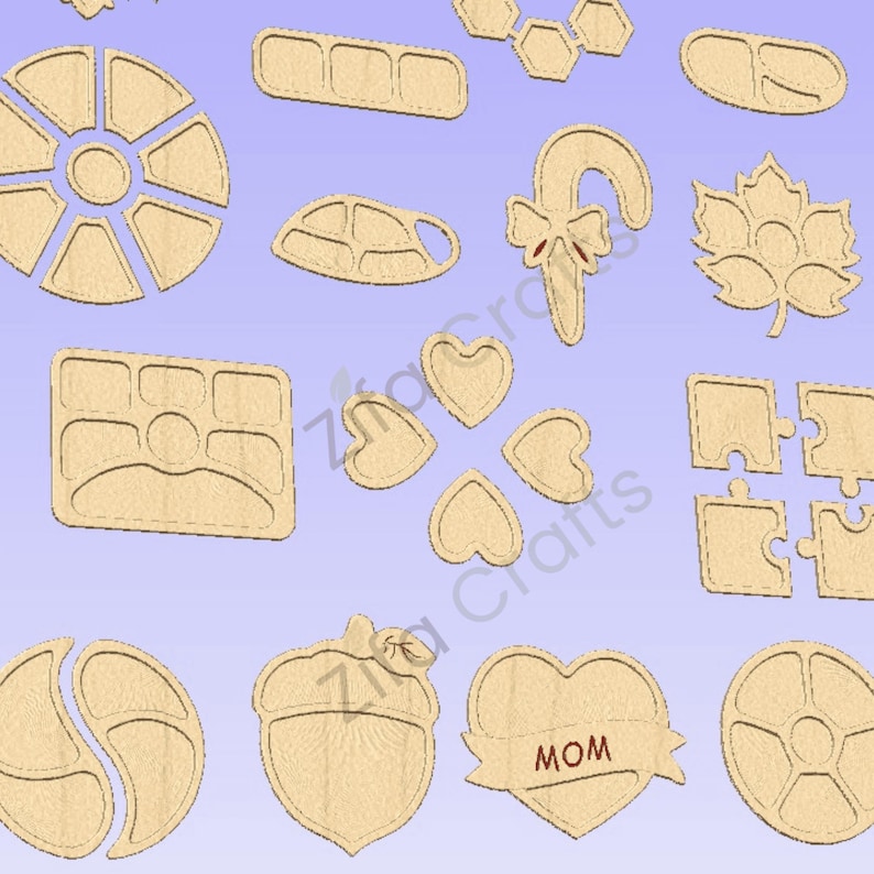 May include: A collection of light-colored wooden craft cutouts featuring various shapes including a circular segmented tray, a candy cane with a bow, a maple leaf, puzzle pieces, hearts, an acorn, and a heart-shaped plaque with the word MOM.