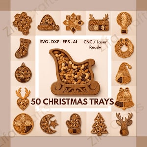 Puede incluir: Una colección de 50 bandejas navideñas de madera con formas variadas como trineo, panal, copo de nieve, calcetín y reno, rellenas de frutos secos. El texto dice SVG, DXF, EPS, AI, CNC, Laser Ready y 50 CHRISTMAS TRAYS.
