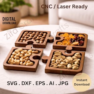 May include: Four wooden puzzle-shaped serving trays filled with various snacks. The trays are brown and have a square shape with a circular piece that fits into the adjacent tray. The image includes the text "CNC / Laser Ready" and "DIGITAL DOWNLOAD".