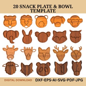 May include: A collection of 20 wooden snack plates and bowls in various animal shapes, including a tiger, lion, bear, elephant, monkey, rabbit, koala, fox, owl, cow, giraffe, deer, sheep, panda, and horse. The text "20 SNACK PLATE & BOWL TEMPLATE" is at the top.