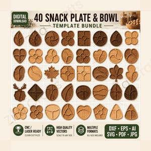 Könnte beinhalten: Ein digitales Download-Paket mit 40 Snackteller- und Schalen-Vorlagen in verschiedenen geometrischen, floralen und organischen Formen. Die holzfarbenen Designs mit internen Unterteilungen eignen sich für CNC- oder Laserschneidemaschinen.