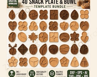 40 Snack Plate & Bowl Template Bundle, Wooden Serving Tray SVG, CNC Laser Ready Files (Digital Download)