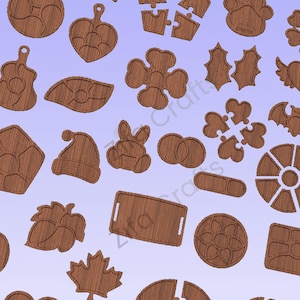 May include: A collection of various wooden laser-cut shapes featuring diverse designs including a maple leaf, a Santa hat, a paw print, puzzle pieces, a rectangular tray, and floral patterns, all displayed against a light purple background.