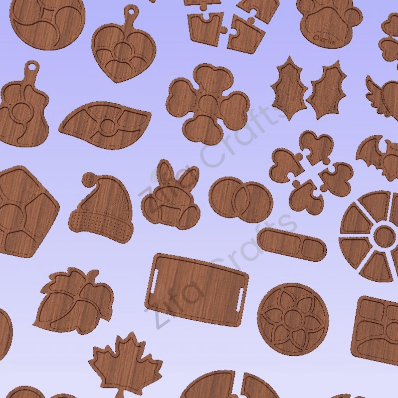 May include: A collection of various wooden laser-cut shapes featuring diverse designs including a maple leaf, a Santa hat, a paw print, puzzle pieces, a rectangular tray, and floral patterns, all displayed against a light purple background.