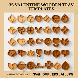 Puede incluir: Una colección de 35 plantillas de bandejas de madera para el Día de San Valentín en varias formas, incluyendo corazones, flores y diseños geométricos. Las bandejas son de madera clara y están dispuestas sobre un fondo neutro. El texto en la parte superior dice "35 VALENTINE WOODEN TRAY TEMPLATES".