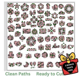 May include: A digital collection of various geometric and seasonal shapes in dusty pink with black outlines and green nodes, arranged in a grid. A red gift box graphic in the corner features the text 3 BONUS TRAYS FREE in white lettering.