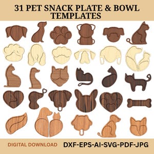 Może przedstawiać: Zestaw 31 szablonów talerzy i misek na przekąski dla zwierząt domowych w różnych kształtach, w tym psów, kotów i odcisków łap. Szablony drewniane są dostępne do pobrania cyfrowego w formatach DXF, EPS, AI, SVG, PDF i JPG.