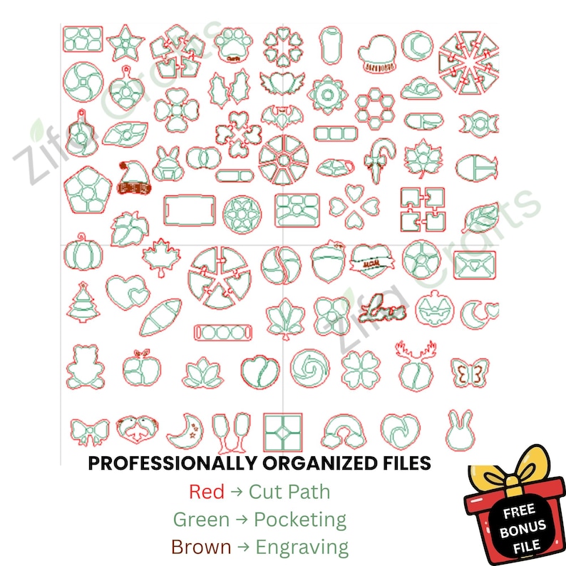 May include: A collection of various geometric and seasonal shapes outlined in red, green, and brown lines. The text reads PROFESSIONALLY ORGANIZED FILES, Red -> Cut Path, Green -> Pocketing, Brown -> Engraving, and a gift icon with FREE BONUS FILE.
