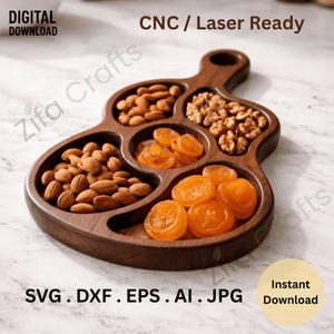 May include: A dark brown wooden serving tray shaped like a guitar, filled with almonds, walnuts, and dried apricots. The tray has multiple compartments and a handle. Text on the image includes "CNC / Laser Ready" and "Instant Download".
