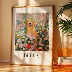 Portrait floral personnalisé d'animal de compagnie : belle oeuvre d'art botanique rose à partir d'une photo, oeuvre d'art murale personnalisée chien chat, décoration féminine, cadeau ou monument commémoratif