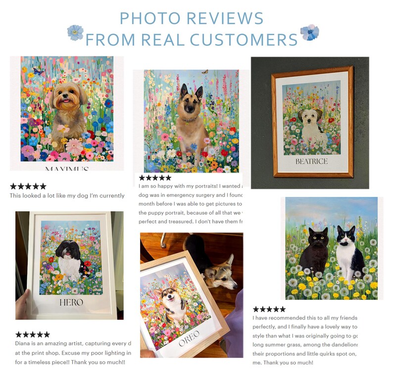 Portrait floral personnalisé d'animal de compagnie - ciel bleu et oeuvre d'art colorée d'animal de jardin à partir de la photo, art mural botanique personnalisé chat chien, cadeau ou monument commémoratif image 2