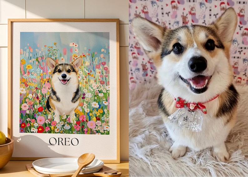Portrait floral personnalisé d'animal de compagnie - ciel bleu et oeuvre d'art colorée d'animal de jardin à partir de la photo, art mural botanique personnalisé chat chien, cadeau ou monument commémoratif image 5