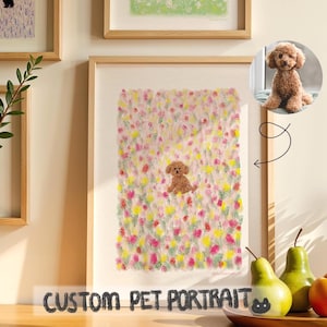 Peut inclure: Portrait personnalisé d'animal de compagnie encadré, avec une illustration de caniche marron sur fond floral. Le texte « CUSTOM PET PORTRAIT » est en bas. Une photo du chien est dans le coin supérieur droit.