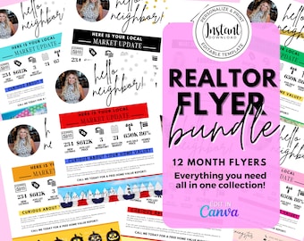 Paquete de folletos de actualización del mercado inmobiliario / 24 plantillas de Canva / Diseños para festividades y uso diario para agentes inmobiliarios
