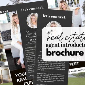 May include: A real estate agent introduction brochure in black and white. The brochure features a photo of a smiling woman and the text "real estate agent introduction brochure". Contact details are also included on the brochure.