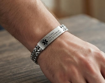 Custom Medical Bracelet for Men Women - Personalized Stainless Steel Waterproof Emergency Alert Medical ID Bracelet Allergy Wristband