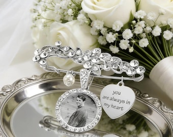 Ramo de novia personalizado con foto y dije de diamante, "Camina conmigo hacia el altar", recuerdo "Algo azul" para la novia, regalo de recuerdo de boda