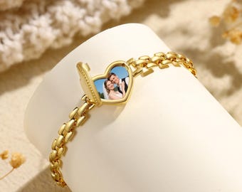 Aangepaste hartarmband met foto medaillon, gepersonaliseerde vintage armband met 2 foto's, jubileumcadeau voor haar, Moederdagcadeau voor moeder oma