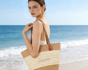 Bolso de paja personalizado con nombre bordado, bolso de playa personalizado, bolso de cesta de mercado francés, regalo de verano para dama de honor.