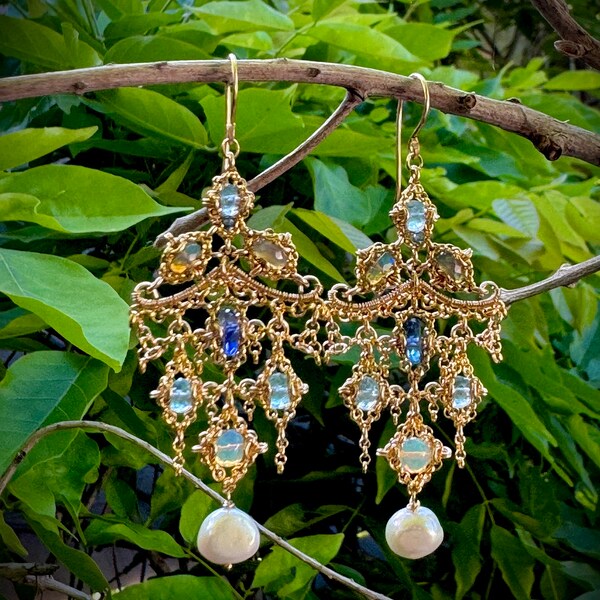 Opal,Aquamarine,Sapphire,and Pearl Handmade Chandelier Earrings