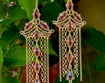 Handmade pink and purple sapphire  chandelier earrings