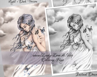 Grayscale Coloring Page Hit by blues Butterfly Arrow Love Sad Valentine Fantasy Girl Zindy