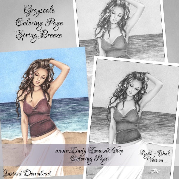 Spring Breeze Sea Girl by the beach Flowers Seastar Ocean Girl Woman Grayscale Coloring Page Zindy Nielsen