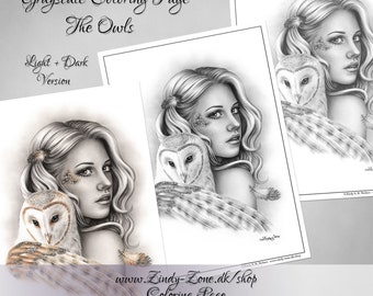 Grayscale Coloring Page The Owls Barn Owl Wings Feather Fantasy Girl Zindy Nielsen