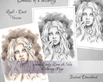 Dreams of a butterfly Fairy Fae Butterflies Wings Fantasy Girl Grayscale Coloring Page Zindy Nielsen
