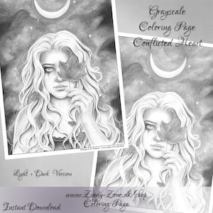 Coeur en conflit Femme Feuilles Lune Fantasy Fille d&#39;automne Coloriage en niveaux de gris Zindy Nielsen