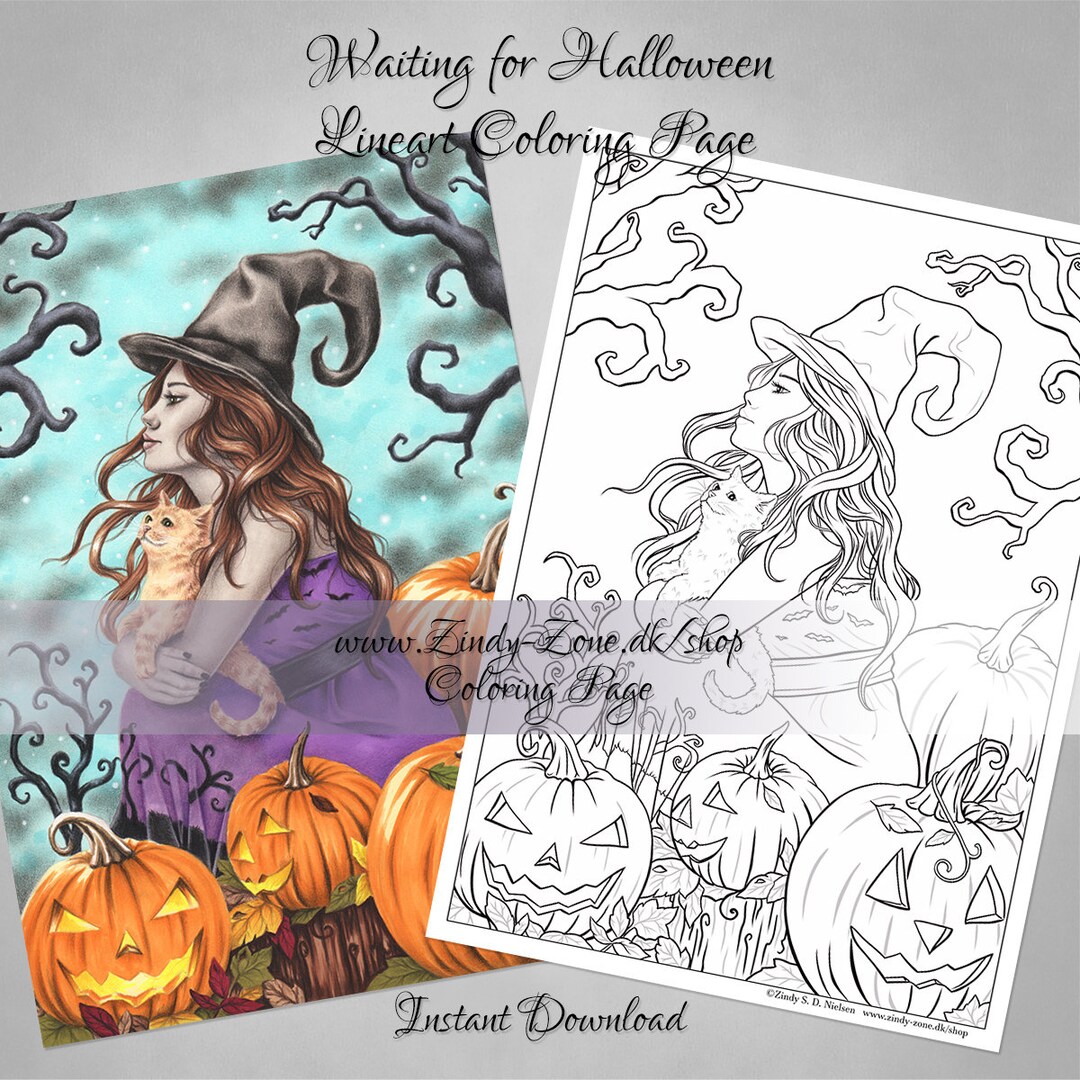 Line Art Coloring Page Halloween Girl With Cat Trees Pumpkin Fantasy