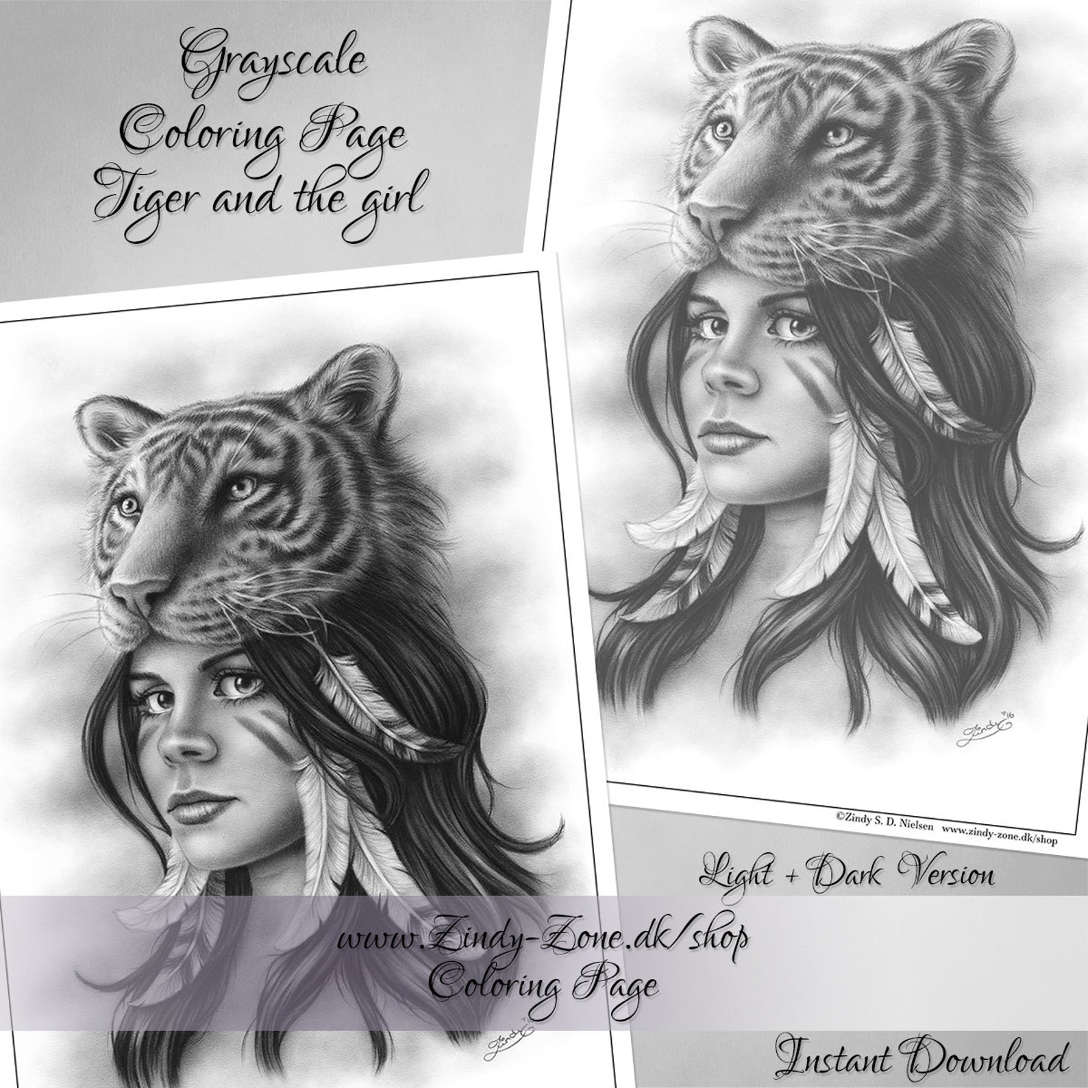 Grayscale Coloring Page Tiger Girl Woman Feather Animal Zindy | Etsy