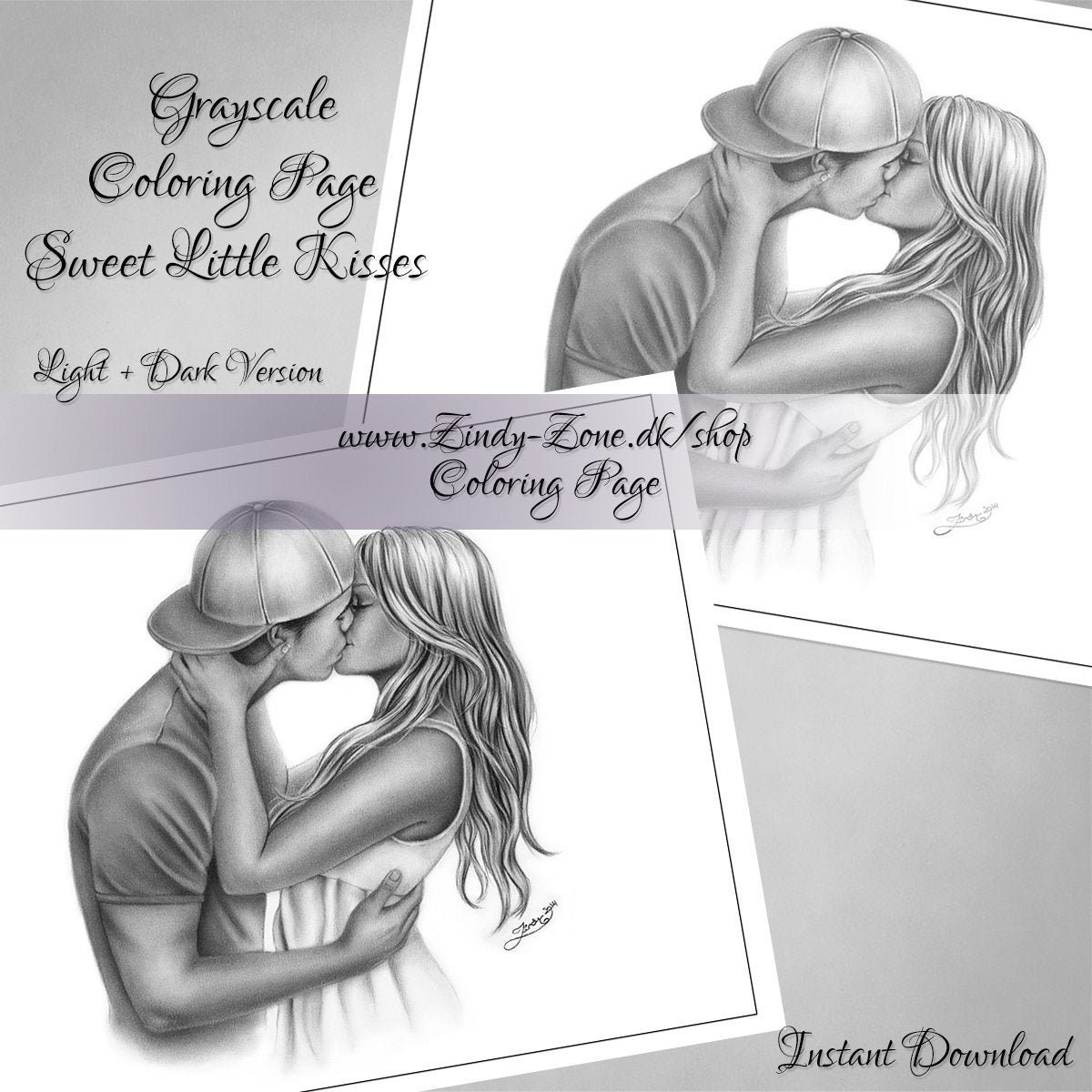 Grayscale Coloring Page Sweet Kisses Boy and Girl Kissing